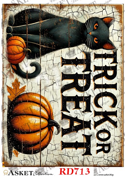 papier ryżowy Halloween z czarnym kotem, dyniami i napisem Trick or Treat do decoupage