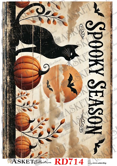 papier do decoupage z czarnym kotem, dyniami, księżycem i nietoperzami na Halloween