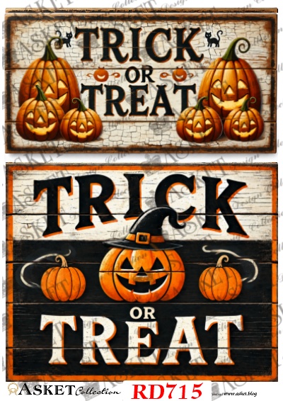 papier ryżowy do decoupage Trick or Treat z halloweenowymi dyniami i kapeluszem wiedźmy