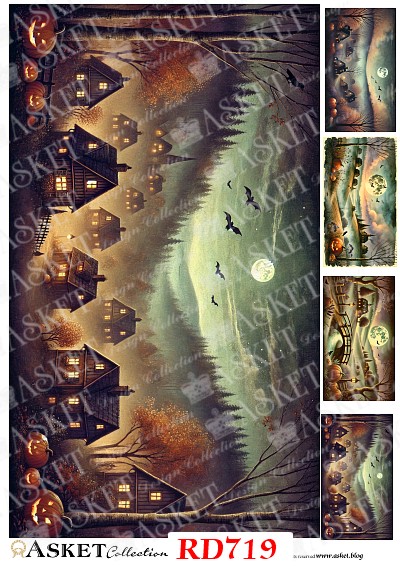 papier ryżowy do decoupage z halloweenowym miasteczkiem, domami, dyniami, księżycem i nietoperzami