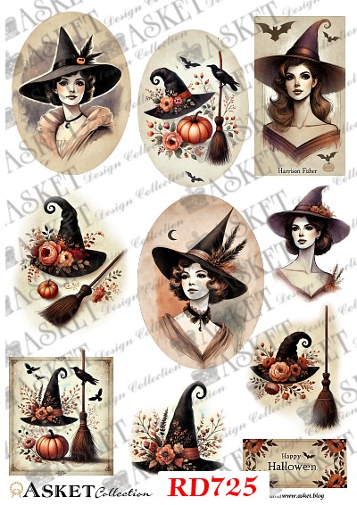 papier do decoupage vintage Halloween z wiedźmami, kapeluszami czarownic, dyniami, miotłami i kwiatami
