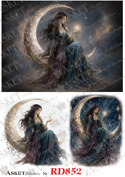 papier ryżowy fantasy do decoupage z tajemniczą kobietą siedzącą na księżycu, nocne niebo Halloween