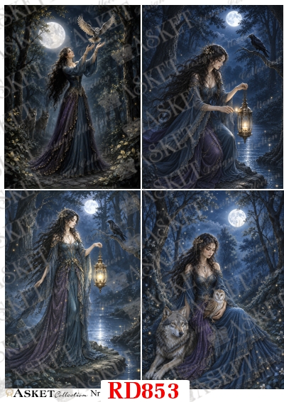 papier ryżowy do decoupage z kobietą w nocnym lesie, sową, wilkiem, lampionem i księżycem fantasy