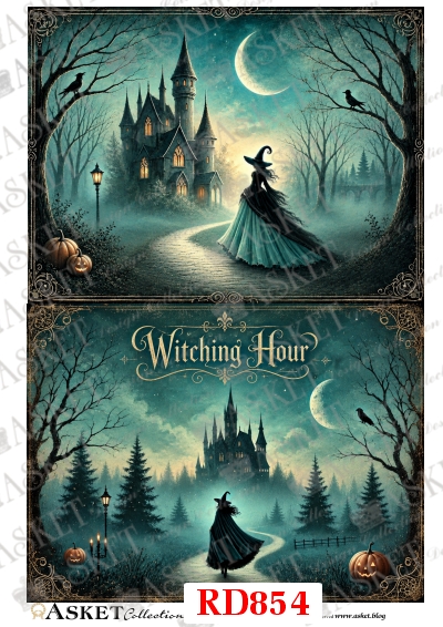 papier ryżowy Halloween z wiedźmą, tajemniczym zamkiem, dyniami, krukami i napisem Witching Hour