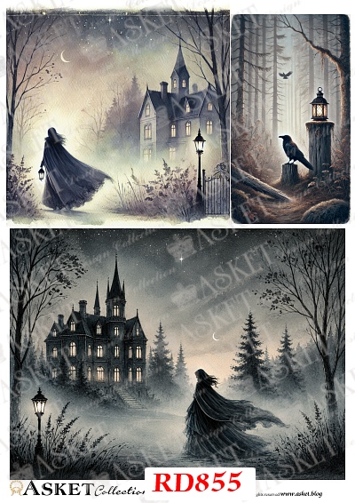 papier ryżowy do decoupage Halloween z postacią, starym nawiedzonym dworem, krukiem i lampionem