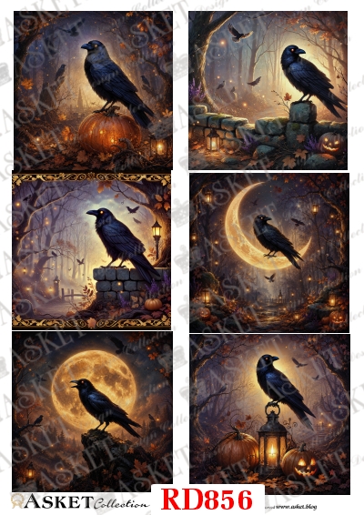 papier ryżowy do decoupage Halloween z krukiem, księżycem, dyniami, lampionami i jesiennym lasem