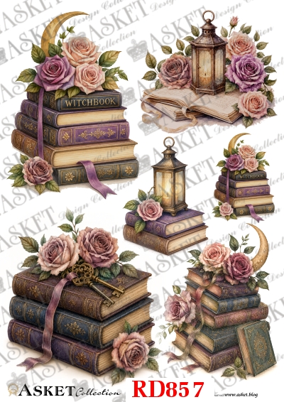 papier ryżowy do decoupage z magicznymi księgami, różami, księżycem, lampionami i kluczami w stylu vintage
