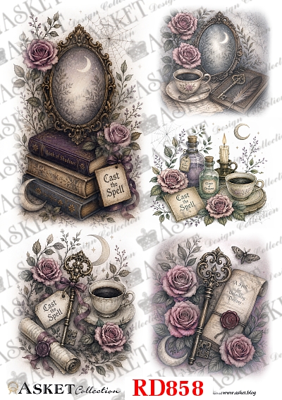apier ryżowy do decoupage vintage z antycznym lustrem, starymi kluczami, księgami, różami, świecą i filiżanką