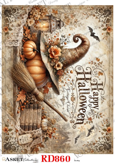 papier ryżowy do decoupage Halloween z kapeluszem, dyniami, miotłą, lampionem i jesiennymi kwiatami vintage