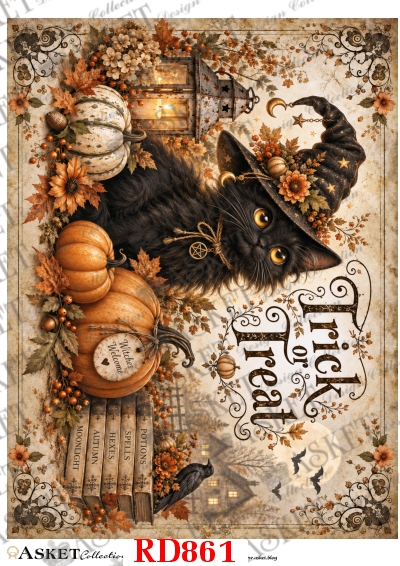 papier ryżowy do decoupage Halloween z czarnym kotem, dyniami, kapeluszem, lampionem i napisem Trick or Treat