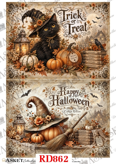 papier ryżowy do decoupage Halloween z czarnym kotem, kapeluszem, dyniami, miotłą i lampionem vintage RD862 – opis produktu