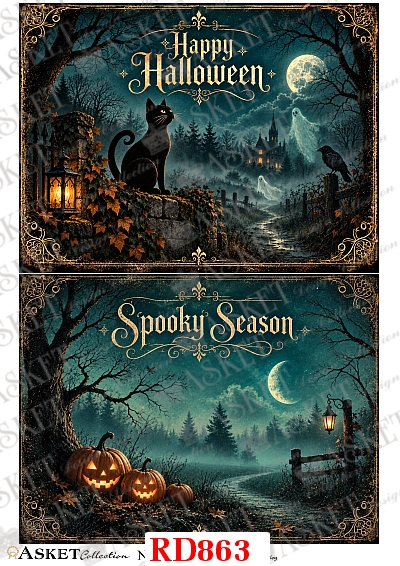 papier ryżowy do decoupage Halloween z czarnym kotem, duchami, dyniami, krukiem, księżycem i nawiedzonym ogrodem