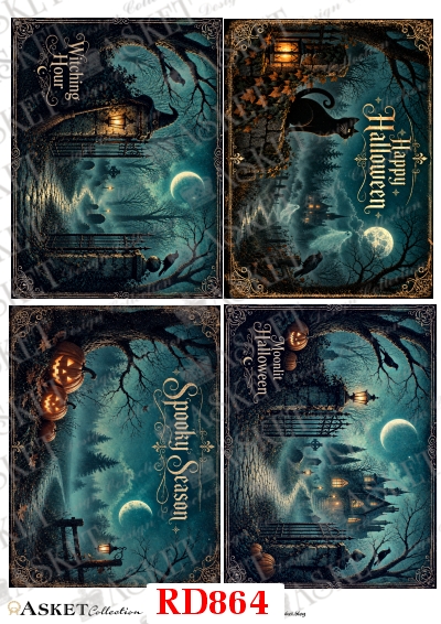 papier ryżowy do decoupage Halloween z nocnym lasem, dyniami, duchami, księżycem, czarnym kotem i latarniami