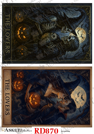 papier ryżowy do decoupage z kartą tarota The Lovers, zakochaną parą, dyniami i księżycem w stylu Halloween