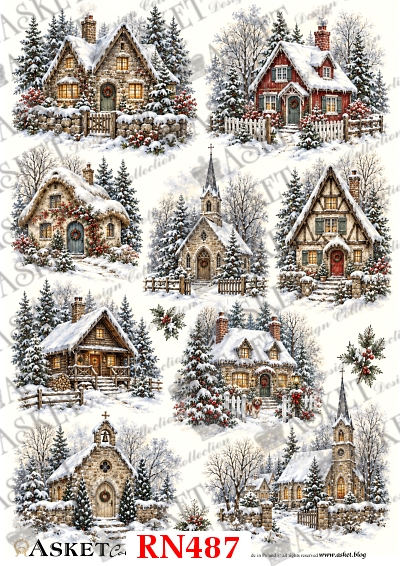 ilustracje: sielskie domki w śniegu, chatki bożonarodzeniowe, kościół zimą, kapliczka w śniegu, zaśnieżona wioska, papier do decoupage, papier ryżowy, rice paper, zimowe motywy