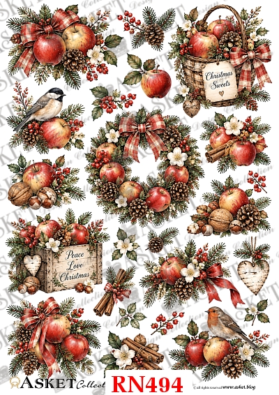 Świąteczne kompozycje z czerwonymi jabłkami, szyszkami, gałązkami świerku, ptakami i wiankami na papierze ryżowym do decoupage