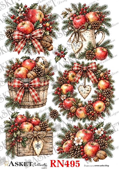 Czerwone jabłka w świątecznych kompozycjach z igliwiem, szyszkami, wikliną i kraciastymi kokardami na papierze ryżowym do decoupage