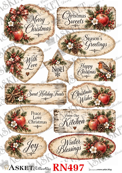 Ozdobne świąteczne szyldy i tabliczki z napisami, jabłkami, gałązkami świerku, szyszkami i ptaszkiem na papierze ryżowym do decoupage