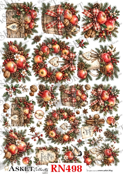 Świąteczne wianki, paczki prezentowe, jabłka, szyszki i rustykalne dekoracje z kokardami na papierze ryżowym do decoupage