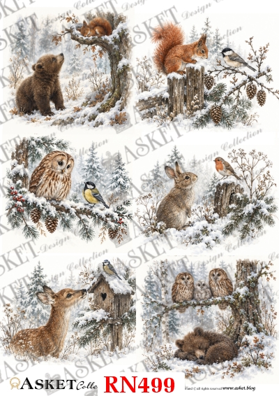 Nastrojowe zimowe scenki z niedźwiadkiem, wiewiórką, sowami, sarną, zającem i ptakami w ośnieżonym lesie na papierze ryżowym do decoupage