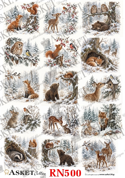 Zimowe scenki z lisami, sarnami, niedźwiadkami, sowami, zającami, wiewiórkami i ptakami w ośnieżonym lesie na papierze ryżowym do decoupage