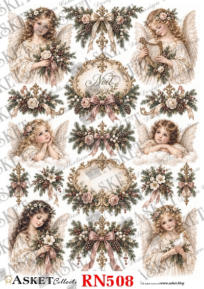 Anioły vintage z różami, świątecznym igliwiem, kokardami i dekoracyjnymi barokowymi ornamentami na papierze ryżowym do decoupage