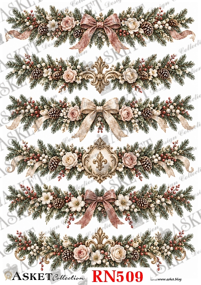 Papier ryżowy do decoupage z eleganckimi świątecznymi girlandami, pudrowymi różami, kokardami, szyszkami, czerwonymi owocami i barokowymi ornamentami
