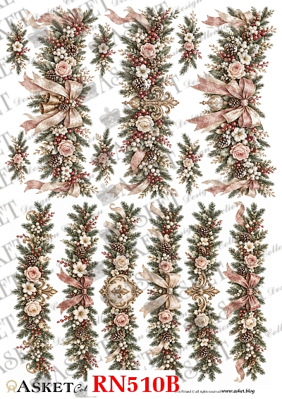 Winter Rose Motywy papieru ryżowego do decoupage z pionowymi girlandami z igliwia, róż, szyszek, pudrowych kokard i barokowych złotych zdobień