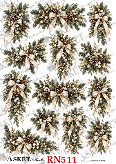 Papier ryżowy do decoupage z eleganckimi stroikami świątecznymi z igliwia, szyszek, kremowych kokard, jasnych bombek i złotych ozdób