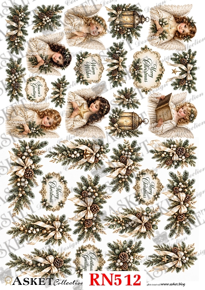 Małe motywy do decoupage z aniołkami, świątecznymi stroikami, latarenkami, kokardami i ozdobnymi napisami w kremowo-złotej kolorystyce