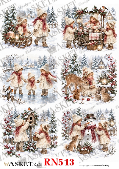 Papier ryżowy do decoupage z zimowymi scenkami przedstawiającymi dziewczynki w czerwonych szalikach, sanki, śnieg, leśne zwierzęta i świąteczny klimat Opis Produktu