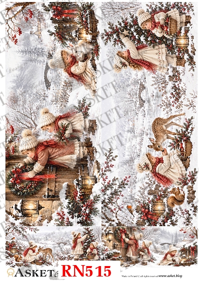 Papier ryżowy do decoupage z podłużnymi zimowymi scenkami przedstawiającymi dziewczynki w czerwonych szalikach, śnieg, zwierzęta i świąteczny krajobraz