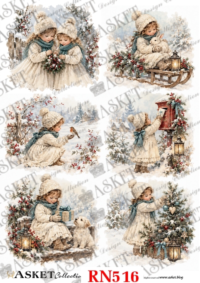 Papier ryżowy do decoupage z zimowymi scenkami przedstawiającymi dziewczynki w błękitnych szalikach, sanki, ptaszki, śnieg i romantyczny świąteczny klimat