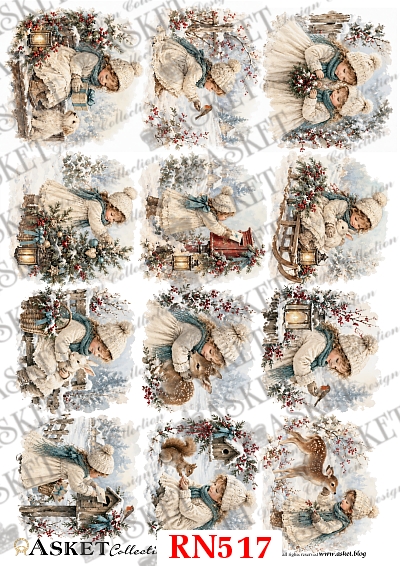 Papier ryżowy do decoupage z małymi zimowymi scenkami przedstawiającymi dziewczynki w błękitnych szalikach, zwierzęta, śnieg, ptaszki i nostalgiczny klimat