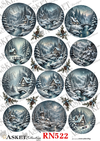 RN522 to papier ryżowy do decoupage z mniejszymi zimowymi kółkami. Domki, mostki i śnieżne krajobrazy pięknie prezentują się na bombkach i małych ozdobach.