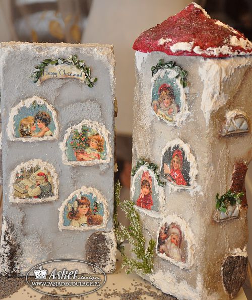 Decoupage 3 D na cegle malowana ręcznie dekoracja świąteczna